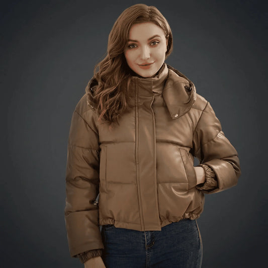 Damen Kapuzen-Pufferjacke aus hochwertigem Kunstleder, warm und stylisch